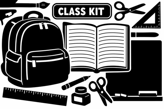 School Stationery Supplies. Clean solid/filled composition of a school stationery scene with no characters, oversized backpack and open notebook as dominant