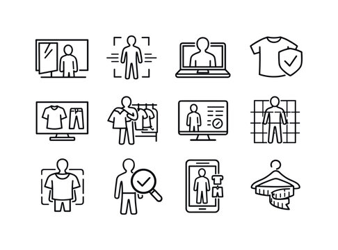 Virtual Fitting Rooms. Line icon set of Virtual Fitting Rooms: virtual mirror, body scan silhouette, digital avatar, size recommendation, outfit preview, try