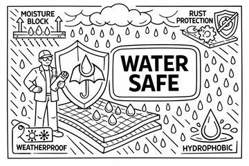 Obraz premium Waterproof Protection Signs. Clean outline line art banner of waterproof material protection with product designer beside oversized shield with water drop and