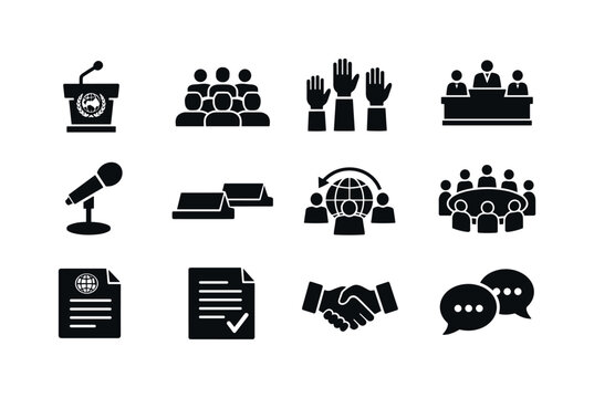 UN General Assembly. Solid icon set of UN General Assembly: assembly hall podium, world delegates, voting hands, international conference, speech microphone,