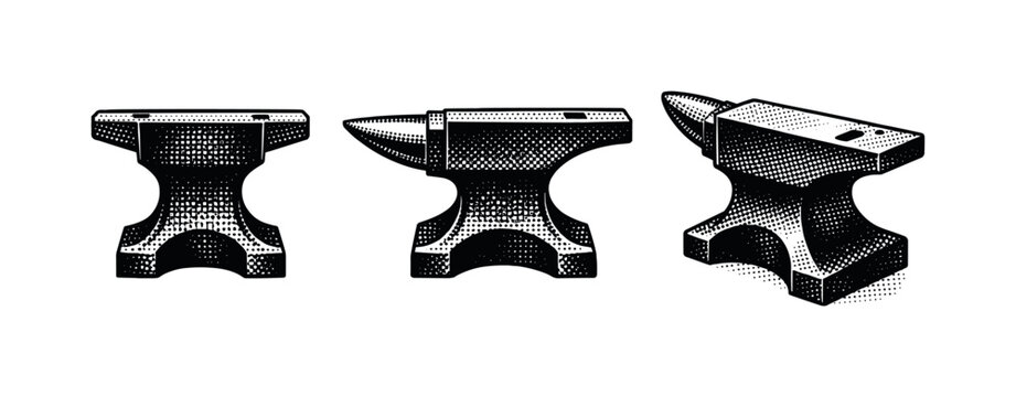 Double horn anvils, symmetrical blacksmith anvil with two opposing horns, central face, and solid waist, shown as the same object in left profile, right