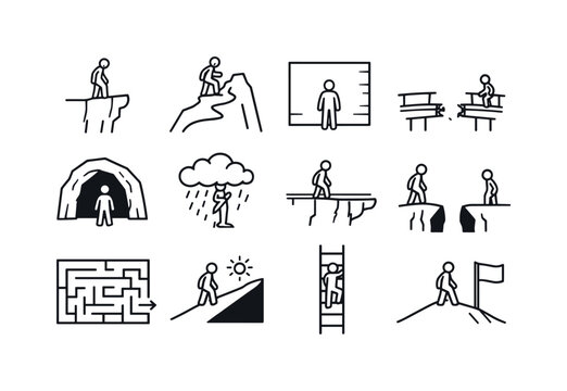 Facing Challenges. Line icon set of Facing Challenges: person at cliff edge, steep mountain path, high wall obstacle, broken bridge, dark cave entrance, storm