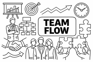 Fototapeta premium Organization Management Structure. Clean outline line art banner of company organization with manager beside oversized hierarchy chart and team