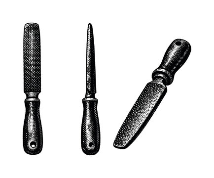 Rasps and scrapers shoe rasp shown as the same cobbler rasp in straight view, side view, and three-quarter angled view, isolated with realistic proportions and