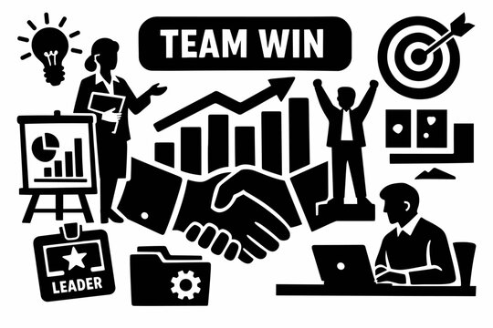 Business Teamwork Success. Clean solid/filled composition of a teamwork office scene with three coworkers, oversized group chart and handshake as dominant