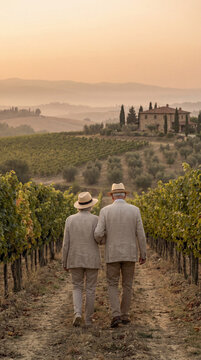 Senior couple enjoying a romantic walk through a vineyard at sunset, surrounded by scenic countryside. The atmosphere is serene, highlighting companionship adventure. Image made using Generative AI.