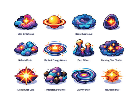 Stellar Nursery. Colorful isometric vector icons set of Stellar Nursery: star birth cloud, glowing protostar, dense gas cloud, cosmic cocoon, nebula knots,