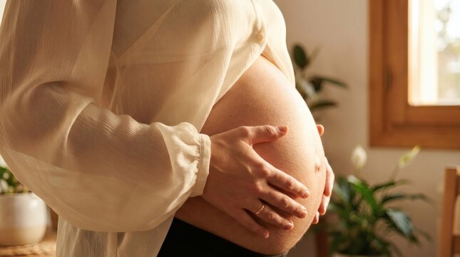 Pregnant woman touching her belly.