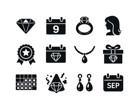 Birthstone September. Solid icon set of Birthstone September: sapphire symbol, calendar September, birthstone ring, zodiac virgin, birth month badge, gemstone