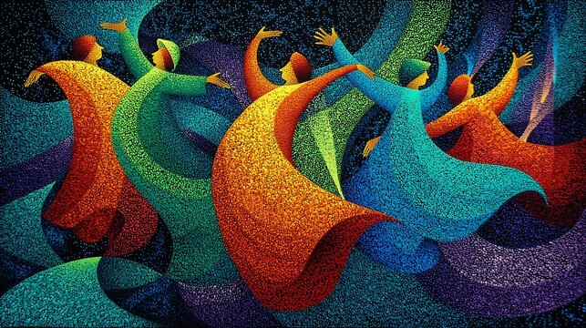 Pointillist abstract painting of figures in flowing robes dancing in a dynamic swirl of colors photo