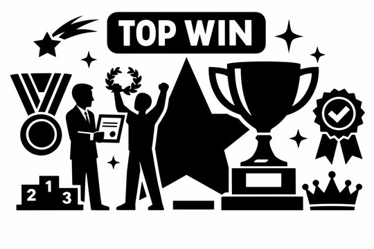 Winning Star Achievement Awards. Clean solid/filled composition with champion and presenter beside oversized five-point star and giant trophy cup, large medal