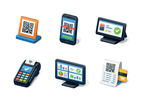 QR payments. Isometric flat vector icons set of QR payments: countertop QR code stand, smartphone scanning screen, tablet checkout display, compact payment