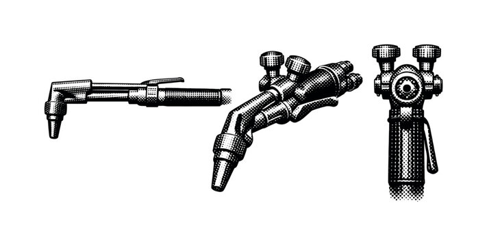 Oxy-acetylene cutting torch shown as the same tool in side view, three-quarter view, and front-facing view with realistic proportions and detailed nozzle,