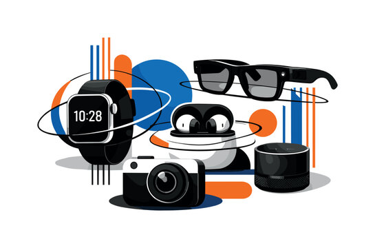 Portable gadgets, arranged with overlapping semicircles, thin contours, cylinders, and bold geometric cut-out layers, black-and-white modern objects with white