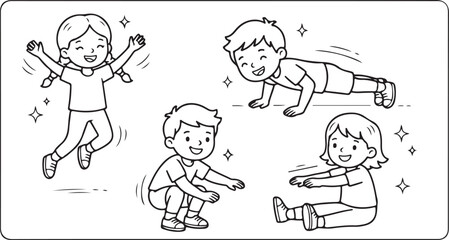 Fototapeta premium Kids exercise or workout coloring page for kids and adults