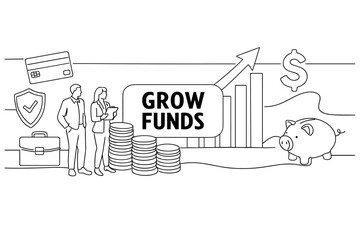 Fototapeta premium Investment Growth Finance. Clean one-line drawing banner scene of two investors studying an oversized coin stack and giant rising chart, linework reaching all
