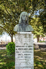 Obraz premium Bronze bust of Bernardino di Betto, known as Il Pinturicchio, Umbrian Renaissance painter celebrated for his frescoes in the Vatican Borgia Apartments in Giardini Carducci, Perugia, Italy