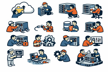 Fototapeta premium Recovery Restore Stories flat vector digital illustration, doodle flat, thick outline, expressive characters, simple shapes, playful proportions, exaggerated