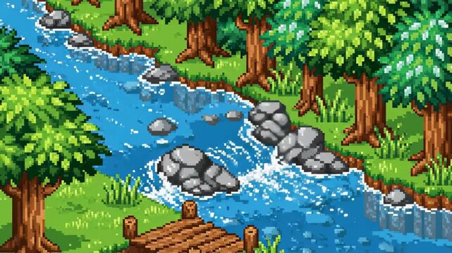 8 bit illustration pixel art landscape featuring a vibrant blue river flowing through a lush green forest with trees, rocks, and a small wooden bridge.