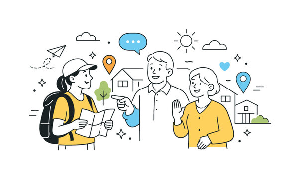 Integration into a New Community. A newcomer meeting local residents, sharing directions, conversation, or a welcome gesture in a friendly neighborhood scene.