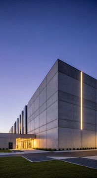 Modern corporate data center building facade at dusk. Cloud computing infrastructure for big data storage and processing services.