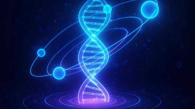 DNA structure graphic: An illuminating depiction of DNA double helix against a dark, dynamic backdrop, highlighting the fundamental building blocks of life.