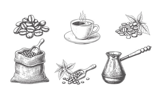 Hand drawn coffee beans cup cezve and burlap sack with scoop saucer steam