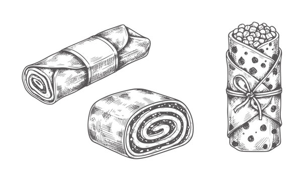 Hand drawn food rolls and wrap with filling and tie