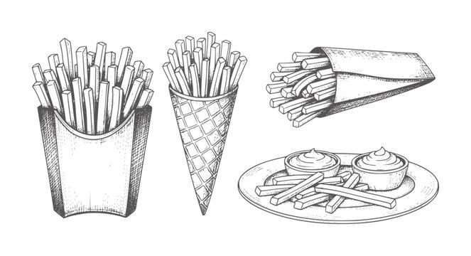 Hand drawn french fries in various containers with dipping sauces potato food snack