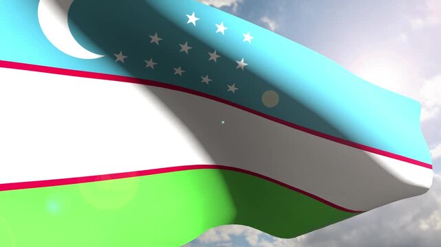 Uzbekistan Flag Fluttering Gracefully Against the Open Sky