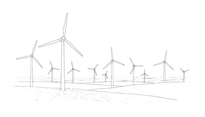 Stylized line of a wind farm with multiple turbines rolling hills energy power © Asha