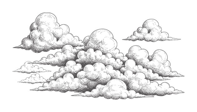Of cumulus clouds in a vintage engraving style monochrome