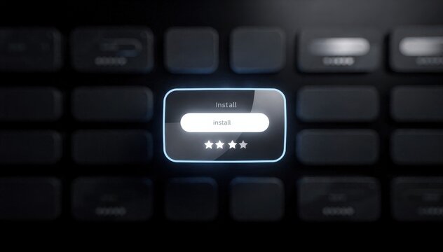 Darkthemed medium shot of a digital plugin marketplace grid with illuminated install buttons and star ratings focusing sharply on a key extension tile while others fade softly out