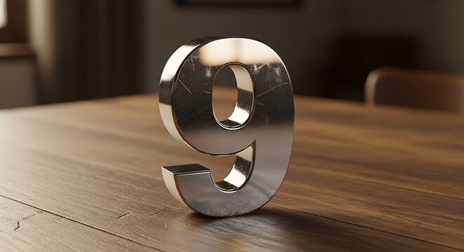 Shiny metallic number 9 numeral with scratches casting a soft shadow on a textured wooden surface in a warm dimly lit interior setting