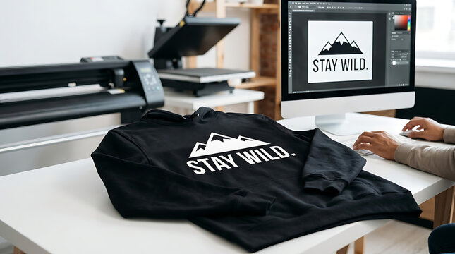 Black hoodie with mountain graphic and stay wild text lying on a desk in a print shop with a computer showing the design and a heat press machine in the background
