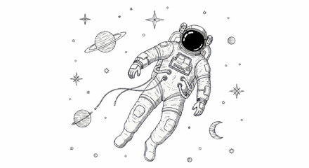 Astronaut Floating in Space with Planets and Stars Illustration. © Wita