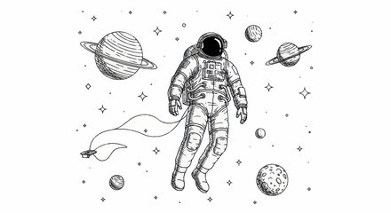 Astronaut floating in space with planets and stars surrounding. © Wita