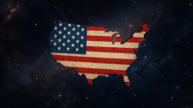 American Flag in Universe: The American flag superimposed over a map of the United States. Capturing a sense of national pride and unity set against the backdrop of space.