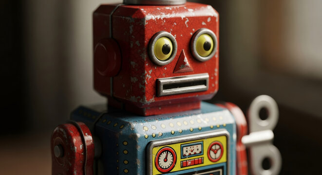 Close up of a vintage red and blue tin toy robot with yellow eyes. Classic retro wind-up toy f