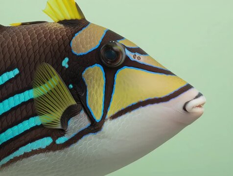 Picasso Triggerfish Lines, swimming against a pale green background