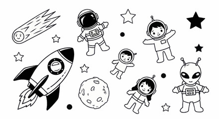 Charming hand drawn space exploration elements and cosmic characters. © Wita