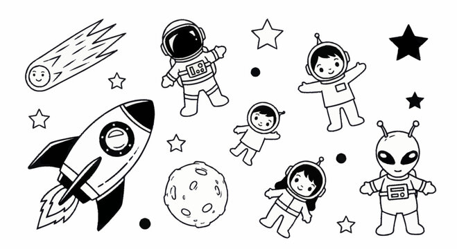 Charming hand drawn space exploration elements and cosmic characters.