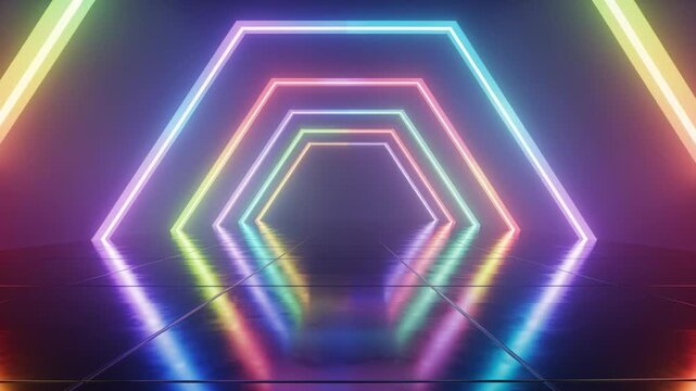 Neon Hexagonal Tunnel: An abstract composition of vibrant, multi-colored neon lights forms a mesmerizing tunnel, creating a futuristic and dynamic visual experience.