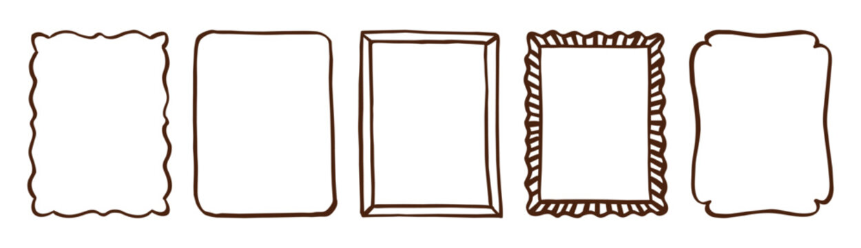 Set of hand drawn rectangular frames in simple brown line style. Various decorative borders and outline shapes with clean lines and minimal aesthetic.