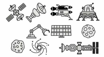 Collection of Space Exploration and Astronomical Objects Line Art. © Wita
