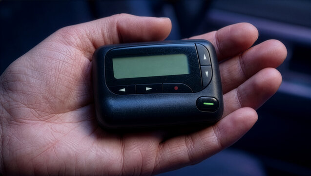 Close up shot of hand holding a 1990s-era pager. AI-generated