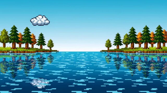 8 bit illustration pixel art landscape featuring a serene river flowing between two tree-lined banks under a clear blue sky with a single cloud.