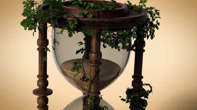 Vintage Wooden Hourglass with Ivy and Sand Running Through
