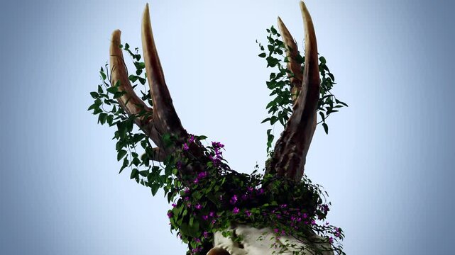 Deer Skull with Antlers Overgrown with Green Ivy and Flowers
