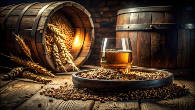 A photo of a glass of whiskey in an old oak barrel with barley grains inside, the wooden barrel aged and worn, grainy texture visible through the tran